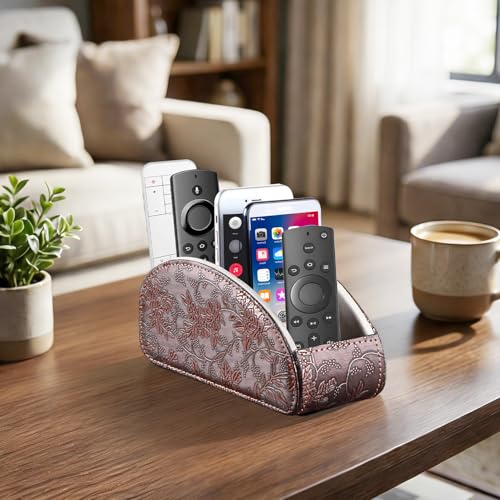 TV Remote Control Holder with 5 Compartments,Pu Leather Remote Caddy/Box/Tray Nightstand Desktop Storage Organizer Store DVD,Blu-Ray,Media Player,Heater Controllers, Makeup Office Supplies - color: Antique Flower, size: Large