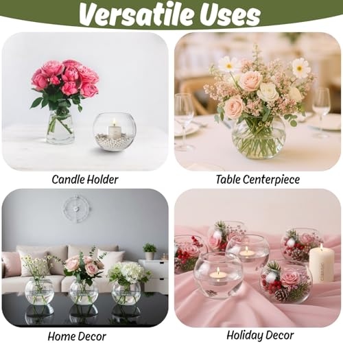 YOUEON 4 Pcs Small Glass Bubble Bowl Vases 6" W x 4.5" H, Round Floating Candle Holders, Glass Terrarium Bowls, Globe Flower Vase Centerpiece for Wedding Event Home Decor