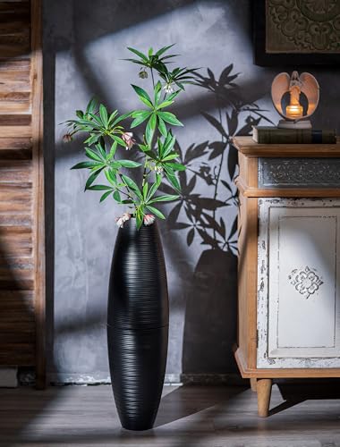 Sziqiqi Black Tall Floor Vases: 27.5in Metal Extra Large Decorative Vase for Pampas Grass Fake Plant Dried Flowers - Detachable Ribbed Big Standing Vase for Living Room Indoor Fireplace Home Decor