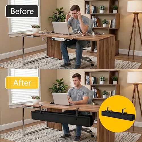 36" Under Desk Cable Management Tray - No Drill Oxford Cloth Cord Organizer with Clamp & Screw Mount - Large Capacity Fabric Cable Holder for Home Office, Gaming Desk & Standing Desk (Black)