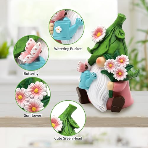 Summer Garden Gnome Decor, 5.9in Resin Daisy Floral Gnome Decorations for Home Indoor Outdoor, Retirement Gifts for Women - color: Green