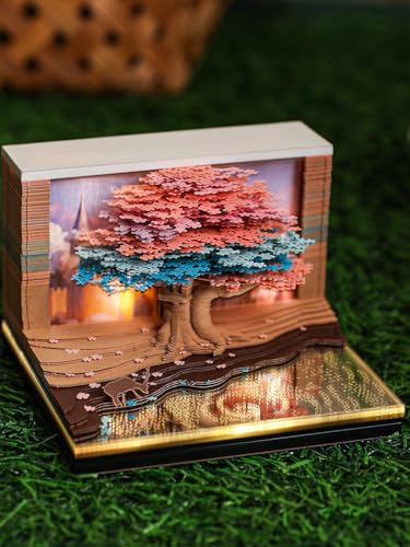3D Creative Time Piece Calendar 2026 Desk Weekly Calendar Decoration with LED Light and Acrylic Case, Paper Sculpture Non-stick Notes, Paper Carving Art Craft Chirstmas Gift (Tree House) - color: blossom treehouse with LED lighting