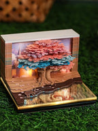 3D Creative Time Piece Calendar 2026 Desk Weekly Calendar Decoration with LED Light and Acrylic Case, Paper Sculpture Non-stick Notes, Paper Carving Art Craft Chirstmas Gift (Tree House) - color: blossom treehouse with LED lighting