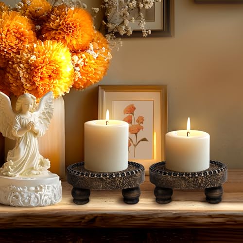Farmhouse Round Wood Tray Riser, Pedestal Stand with Beaded Edge, Rustic Wooden Candle Trays Decor for Tiered Tray, Candle, Mug Display Decorative, Table Centerpiece, Black Gold - color: Black Gold, size: Set of 2