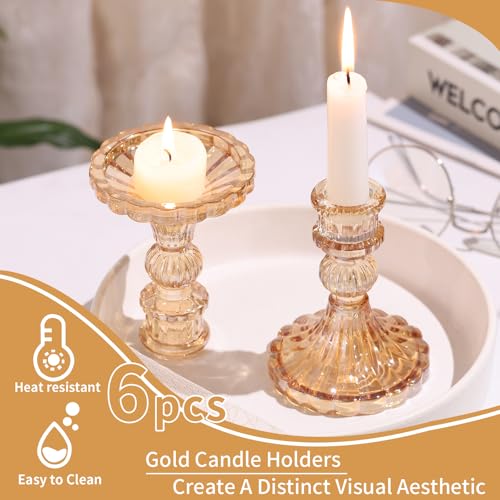 Taper Candle Holder Set of 6, Gold Candle Holder & Vintage Candlestick Holder, Glass Candlestick Holder for Table Centerpieces, Fall, Christmas, Autumn, Thanksgiving Decor - color: Gold, size: Stripe