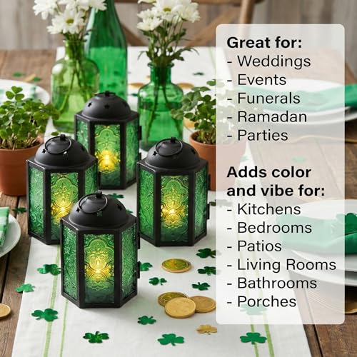 VELA LANTERNS Mini Moroccan Tea Light Candle Holder Lanterns – 4.25" Small Decorative Lantern for Table or Hanging, Metal with Glass Panels – Ramadan, Wedding, Home Decor, Emerald Green (Set of 4) - color: Emerald Green