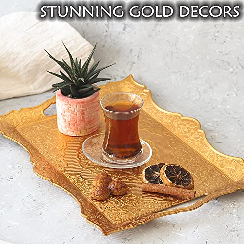 Large Gold Turkish Tea Coffee Serving Table Tray Decorative Home Decor Handles - Party Bar Outdoor Dresser Dessert Fancy Metal Rectangle Kitchen Brass Moroccan Bathroom Vanity Gift Tray