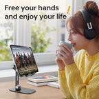 Foldable Phone Stand for Desk - Adjustable Height & Angle Cell Phone Holder, Portable Tablet Stand with Anti-Slip Base for Home, Office, and Travel, Compatible with iPhone & All 4-11" Devices (Black) - color: Black