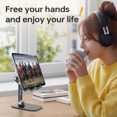 Foldable Phone Stand for Desk - Adjustable Height & Angle Cell Phone Holder, Portable Tablet Stand with Anti-Slip Base for Home, Office, and Travel, Compatible with iPhone & All 4-11" Devices (Black) - color: Black