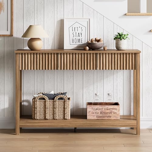 Treocho 47" Console Table with Drawers, Fluted Narrow Entryway Table with Open Shelf, Farmhouse Sofa Table Behind Couch for Hallway, Living Room, Brown - color: Brown