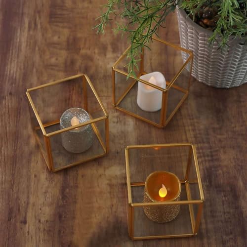 Efavormart 3-Pack Glass Tealight Votive Candle Holders 3" Square Cube Design Clear with Gold Metal Frame - Stackable (Clear, Type11) - color: Clear Glass/Gold Metal, size: 3 inches