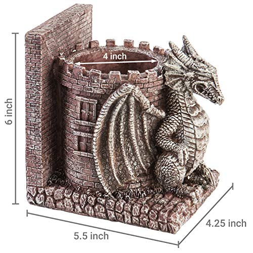Bookends Dragon,Guard Castle Resin Decorative Bookends for Heavy Books with Pencil Holders, Fantasy Themed Book Holder for Home and Office - color: Stone Color
