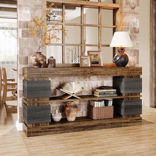 Tribesigns 63" Farmhouse Console Table, 3-Tier Entryway Table with Storage, Long Wooden Behind Couch Stand with 4 Compartments for Living Room, Hallway, Foyer, Vintage Brown & Gray