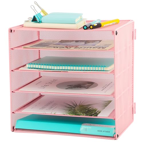 EASEPRES 5 Slot Mesh Desk Organizer Tray, File Paper Letter Folder Holder Desktop Paper Sorter Mail Organization Rack Storage Accessories, for Office Home School Classroom, Pink - color: 5 Tier Pink