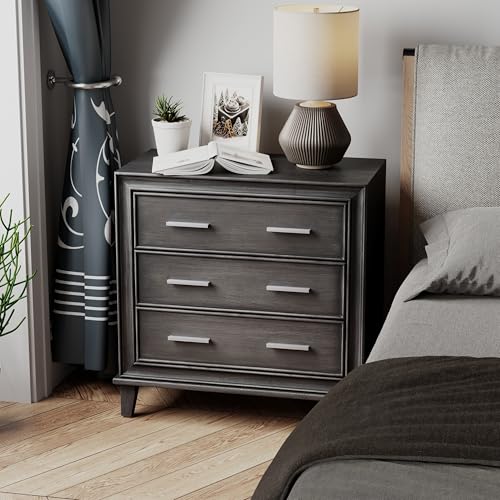 LONYKE Modern Nightstand 3 Drawer Wood Dresser with Metal Handles, Accent Bedside Table Storage Organizer, Vintage Mid-Century Table with Dark Finish, Black