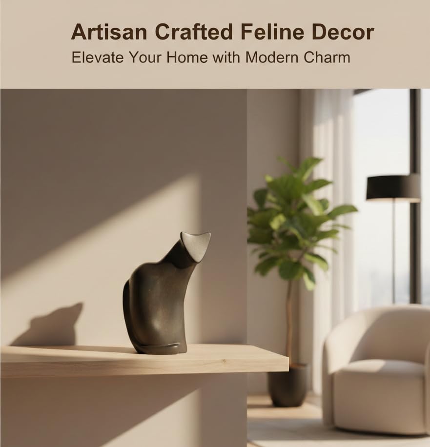 Young's Inc Modern Black Cat Resin Figurine Sculpture, Minimalist Cat Statue Home Decor, Abstract Cat Tabletop Accent for Living Room Shelf Desk Mantel, Contemporary Animal Art Decor, 10 Inch - style: Modern Black Cat