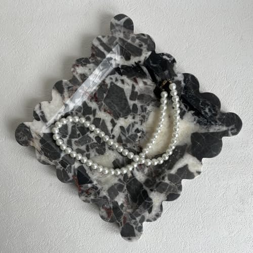 Vintage Natural Marble Tray Small Ornaments Scalloped Tray Handmade Storage Dish for Counter, Vanity, Dresser, Nightstand and Desk (Black White Brown) - color: Black White Brown