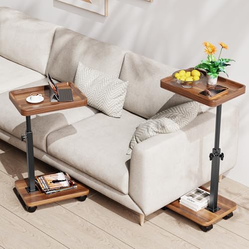 C Table End Table Adjustable Height, 360°Swivel TV Tray Table for Small Spaces, Side Tables with Wheels for Living Room and Bedroom, Bed (Walnut) | Adjustable Height, 360°Swivel, for Small Spaces, Couch Tables, That Slide Under, with Wheels - color: Walnu