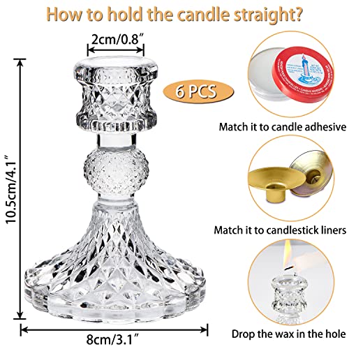 Glass Candle Holder Set of 6, Clear Candlestick Holder & Vintage Candlestick Holder, Taper Candle Holder for Table Centerpieces, Fall, Christmas, Autumn, Thanksgiving Decor - color: Clear, size: Crystal