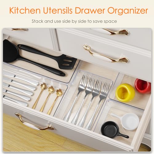 Criusia Drawer Organizer, 10 Pack Large Clear Plastic Set, 3 Size Versatile Bathroom and Vanity Organizer Trays, Storage Bins for Makeup, Bedroom, Kitchen Utensils - size: 10PACK