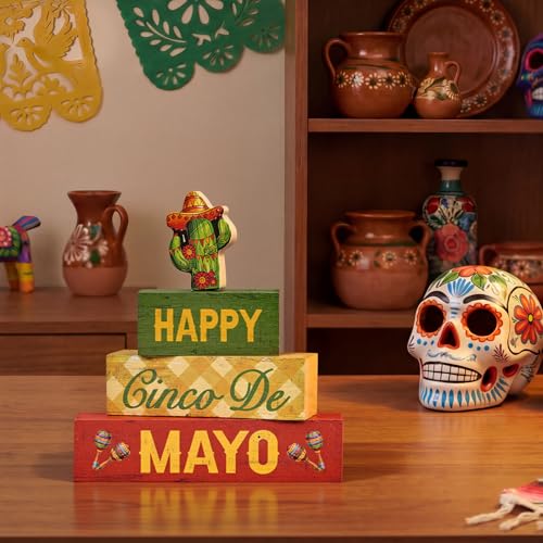 Smile Happy Cinco De Mayo Wooden Block Stack with Cactus Decor, Mexican Fiesta Tiered Tray Tabletop Sign for Cinco De Mayo Party Decorations - style: Cactus