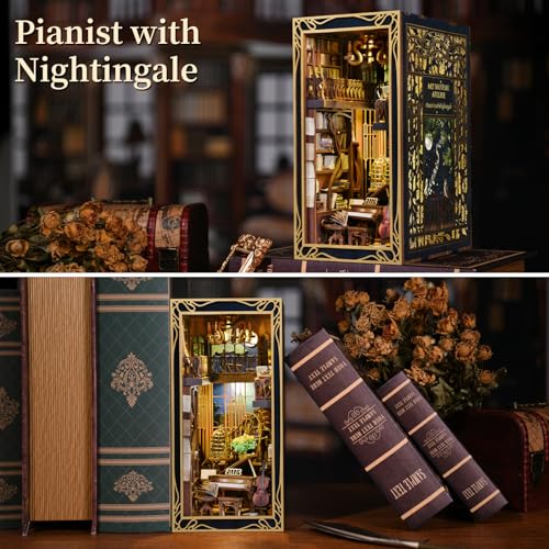 MiniCity DIY Book Nook Kit, Miniature Dollhouse Booknook Kit, 3D Wooden Puzzle Bookend Bookshelf Insert Decor with LED Light for Teens and Adults (Pianist with Nightingale) - style: Pianist with Nightingale