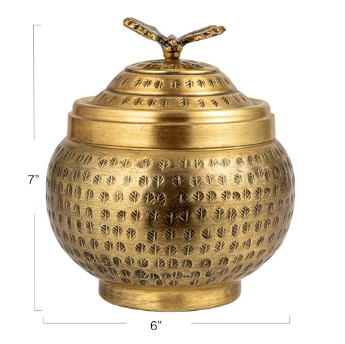 Creative Co-Op Round Hammered Metal Container with Butterfly Finial, Brass Finish - style: Butterfly