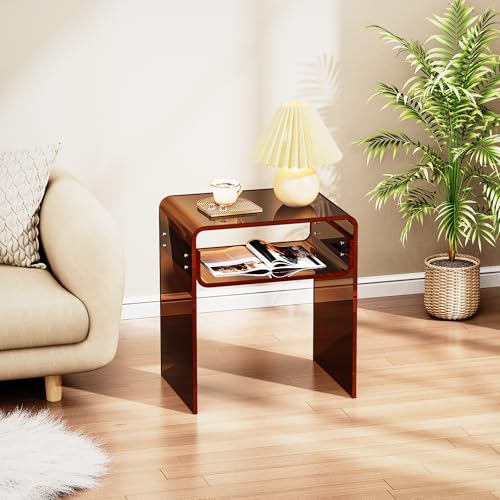 Clear Acrylic End Table 2-Tier Bedside Nightstand for Living Room Bedroom (1, Dark Brown) - color: Dark Brown