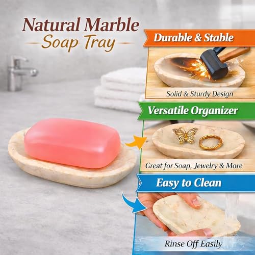 Creative Home Natural Champagne Marble Bullet Collection Bar Soap Dish Soap Tray Holder Bathroom Vanity Countertop Organizer, 5.8 x 3.8 x 0.9 H Inch, Beige