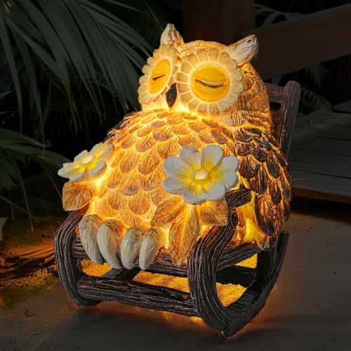LIULO TOOL Light Up Owl on Chair Garden Sculpture, LED Solar Powered Owl Lying on The Chair, Cute Figurine Crafted Statue for Home Fireplace Outdoor Centerpiece Collection Decoration, 3x3x4 in - color: Owl Small