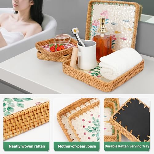 1 pcs Rectangle Rattan Serving Tray with Mother of Pearl Inlay, Decorative Wicker Tray for Coffee, Bread, Fruits, Elegant Table Decor for Living Room & Dining Room - color: Beige - Green & Pink Garden