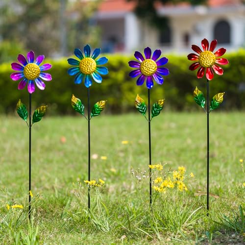 4 Pack Wind Spinner Outdoor,Waterproof Metal Flowers Windmill,Pinwheels for Yard and Garden, Flower Wind Sculpture & Spinner for Patio Lawn Decor - size: Sunflowers-4Pack
