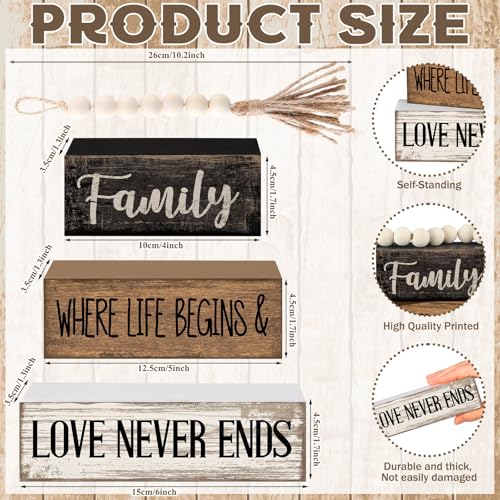 Yuntau 4 Pcs Farmhouse Family Tabletop Decor Tiered Tray Decor Rustic Wood Decorative Stacked Sign Block Gift Retro Bead Garland Family Where Life Begins Love Never Ends Table for Home Shelf Office - style: Famliy