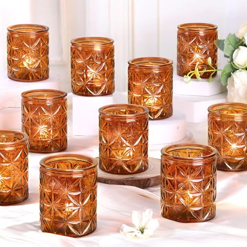 24 Pcs Vintage Amber Votive Candle Holders, Amber Glass Tea Lights Candle Holder for Wedding Table Centerpiece,Vintage Boho Party Home Fall Decor,Thanksgiving and Christmas - color: Amber