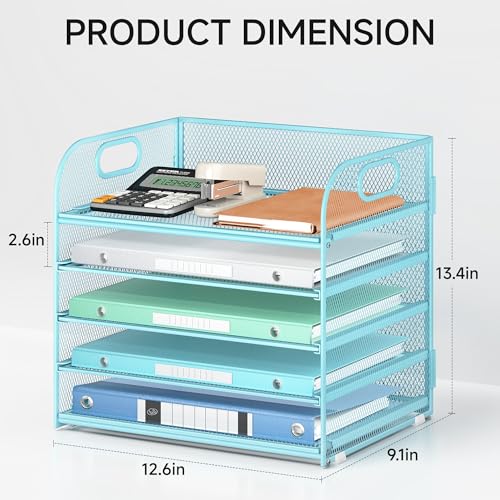 Lavatino Desk Letter Tray Paper Organizer for Desk 5-Tier with Handle Mesh Desktop File Organizer Paper Holder for Classroom Office Accessories - Blue - color: 5 Tier - Blue, size: 12.6" x 9.1" x 11.5"