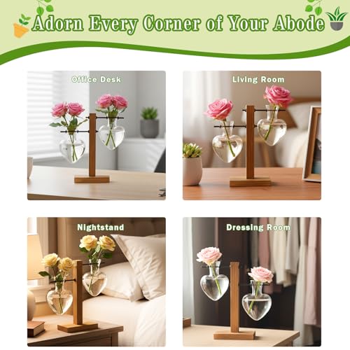 XXXFLOWER Plant Terrarium Wooden Stand, Hydroponic Planter Bulb Glass Metal Swivel Holder Retro Air Plants Water Plants for Home Office Decoration,Gifts for Plant Lover Wife Mom- 2 Love Bulb Vase - size: 2 Love Wooden Stand