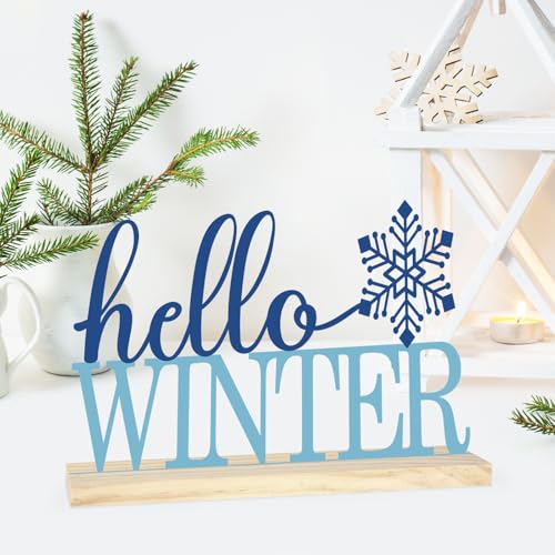 COCHIE Metal Hello Winter Sign, Snowflake Table Centerpieces Decorations for Home, Office, Shelf, Mantel, Indoor, Navy Blue Party Decor Supplies (Winter) - style: Winter