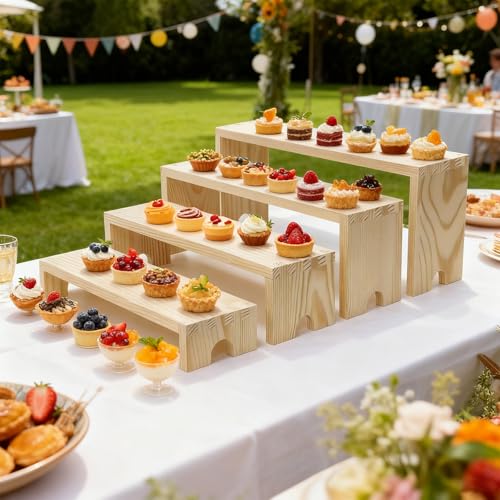 Wooden Display Stand Wood Tiered Racks, 2 Set 8 Piece Wood Display Shelf for Cupcake,Jewelry,Card, Vendor Events, Table Shelves Wooden Riser Organizer Dessert Showcase-Natural - color: Natural
