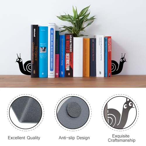 Bookends Cute Snail Metal Book Ends, Novelty Decorative Bookends for Bookshelf, Book Organizer for Desk Home Office School Bookshelf Decor, Black - 1 Pairs - color: Cute Snail
