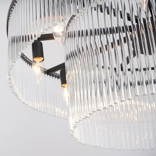 Contemporary Black Chandeliers, 2-Tier Dining Room Glass Chandelier Lighting 10 Lights Round Chandelier for Living Room Foyer Entryway Ceiling Hanging Pendant Light Fixture 32" - size: Medium Black (32" x 70")