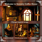 DIY Book Nook Kit Wooden Bookshelf Miniature Serenity Coffee House Kit 3D Wooden Puzzles Bookends Miniature House Kit Book Nook Bookshelf Insert Decor with LED Lights Wood Crafts for Adults