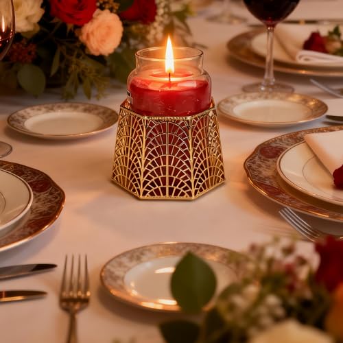 3 Wick Candle Holder, Golden Shell Design Candle Jar Holder for 4-Inch Diameter Jars (5.25" D x 3.5" H) (Golden) - color: Golden
