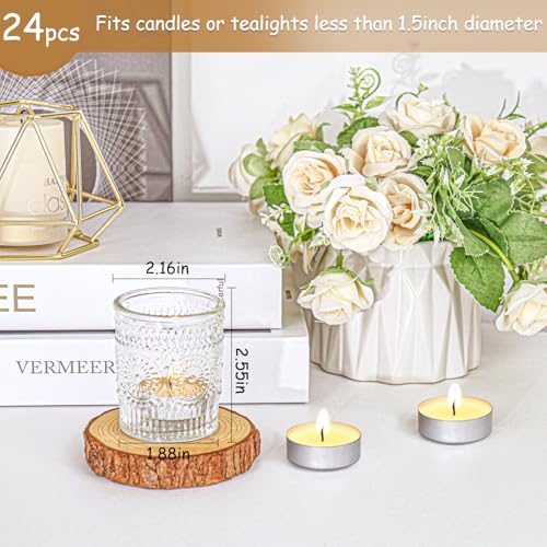 24 Pcs Clear Glass Votive Candle Holders, Tealight Candle Holders for Table Centerpieces, Vintage Candle Holder Bulk, Boho Wedding, Valentine's Day Table Decor (Clear) - color: Clear