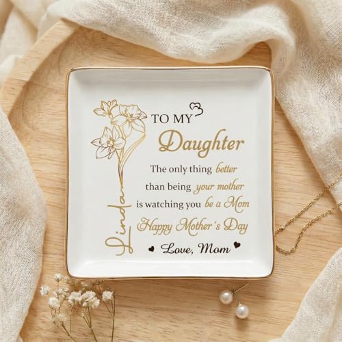 Personalized Birth Month Flower Jewelry Dish, To My Daughter Trinket Tray, Mothers Day Birthday Gifts for Daughter, Custom Floral Name Ring Dish For Wedding, Ring Holder - color: To My Daughter