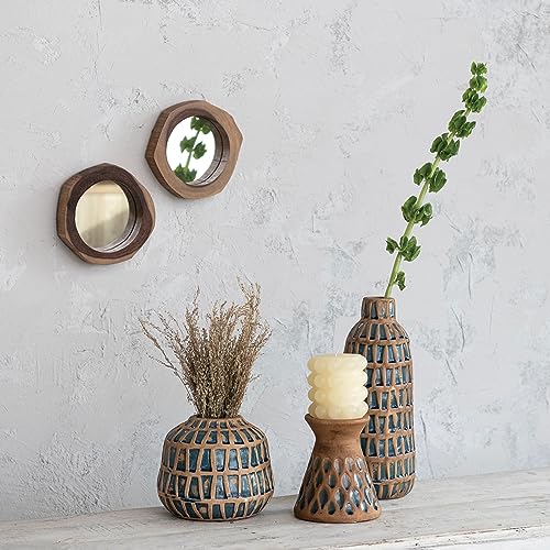 Creative Co-Op 6.5 Inches Debossed Terra-Cotta 3 Inches Pillar, Natural and Blue Candle Holder, Terracotta