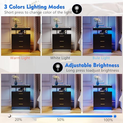 Lvifur LED Nightstand with Wireless Charging Station, Auto Sensor 3 Color Dimmable Night Stand, Modern Bedside Table with 3 Drawers & 3 Open Compartments for Bedroom, Black - color: Black 3 Drawers-glass Top