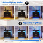 Lvifur LED Nightstand with Wireless Charging Station, Auto Sensor 3 Color Dimmable Night Stand, Modern Bedside Table with 3 Drawers & 3 Open Compartments for Bedroom, Black - color: Black 3 Drawers-glass Top