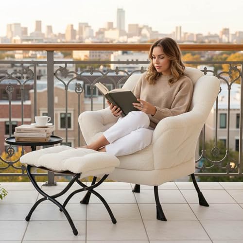 Tiita Lazy Chair with Ottoman, Beige Modern Large Accent Chair, Comfy Leisure Sofa Armchair with Ottoman, Reading Chair with Footrest for Bedroom, Living Room, Dorm Rooms, Plush Beige - color: Plush-beige