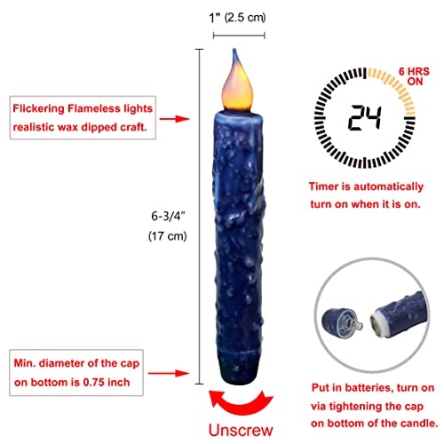 CVHOMEDECO. Real Wax Hand Dipped Battery Operated LED Timer Taper Candles Rustic Primitive Flameless Lights Decor, 6-3/4 Inch, Navy Blue, 2 PCS in a Package - color: Navy Blue 2 Pcs