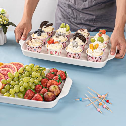 Dizada Large Serving Platter with Handles 16"x9" - White Porcelain Serving Trays Set of 3, Rectangular Platters for Entertaining, Party, Appetizer, Charcuterie